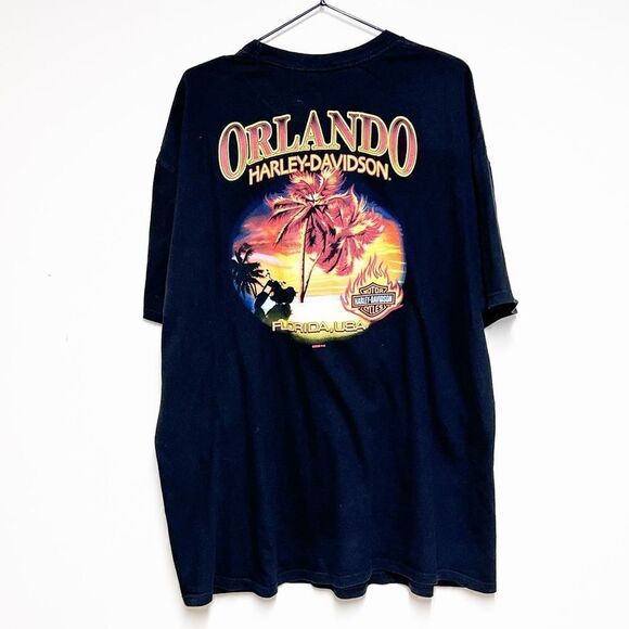 Vintage 2000 Harley Davidson Flaming Orlando Florida Black Tee Shirt Mens 2X - Picture 1 of 6
